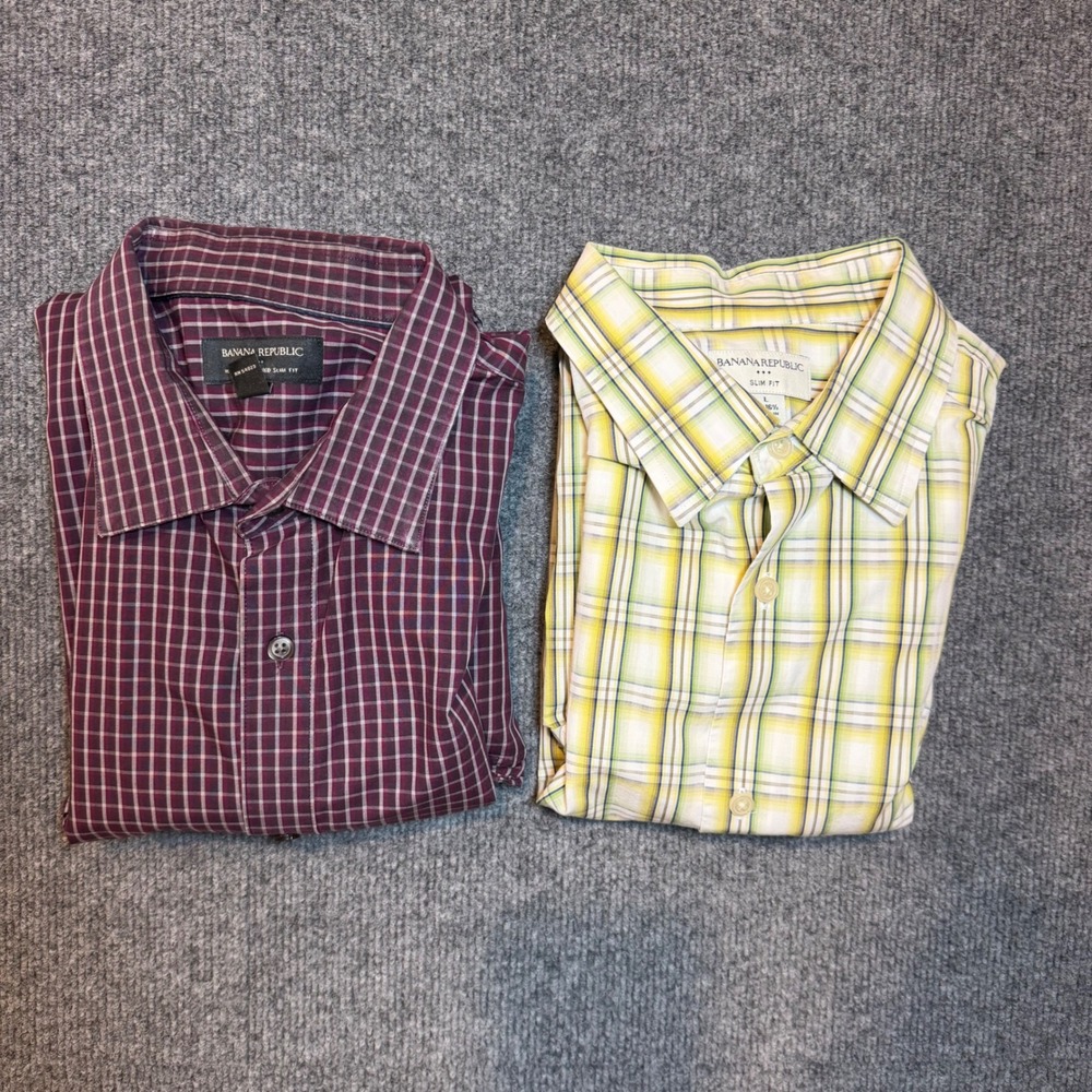 Banana Republic Mens Slim Fit Button Down Shirt Lot 2 Burgundy Yellow Plaid L